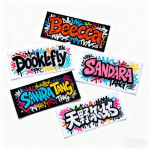 Custom colorful graffiti-style embroidered garment labels featuring trendy text such as "Beecca", "Dookelfly", "SANDARA", and Japanese kanji characters, on black / white base fabric with neon thread accents, on a pure white background