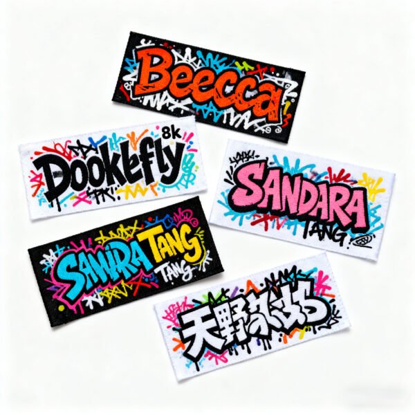 Custom colorful graffiti-style embroidered garment labels featuring trendy text such as "Beecca", "Dookelfly", "SANDARA", and Japanese kanji characters, on black / white base fabric with neon thread accents, on a pure white background