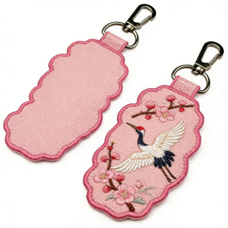 A New Chinese style embroidered keychain in a soft pink auspicious cloud shape, featuring a finely stitched white crane and pink sakura branches on the front, attached to a silver metal lobster clasp.