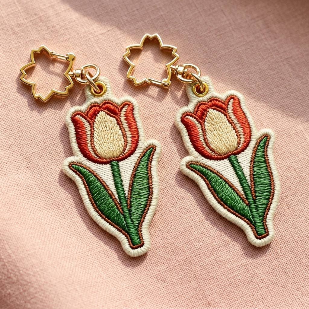 Custom embroidered keychain featuring a tulip floral design with red petals and green leaves, finished with cream-white overlock edging and a gold-tone flower-shaped metal clasp at the top, placed on a pink fabric background