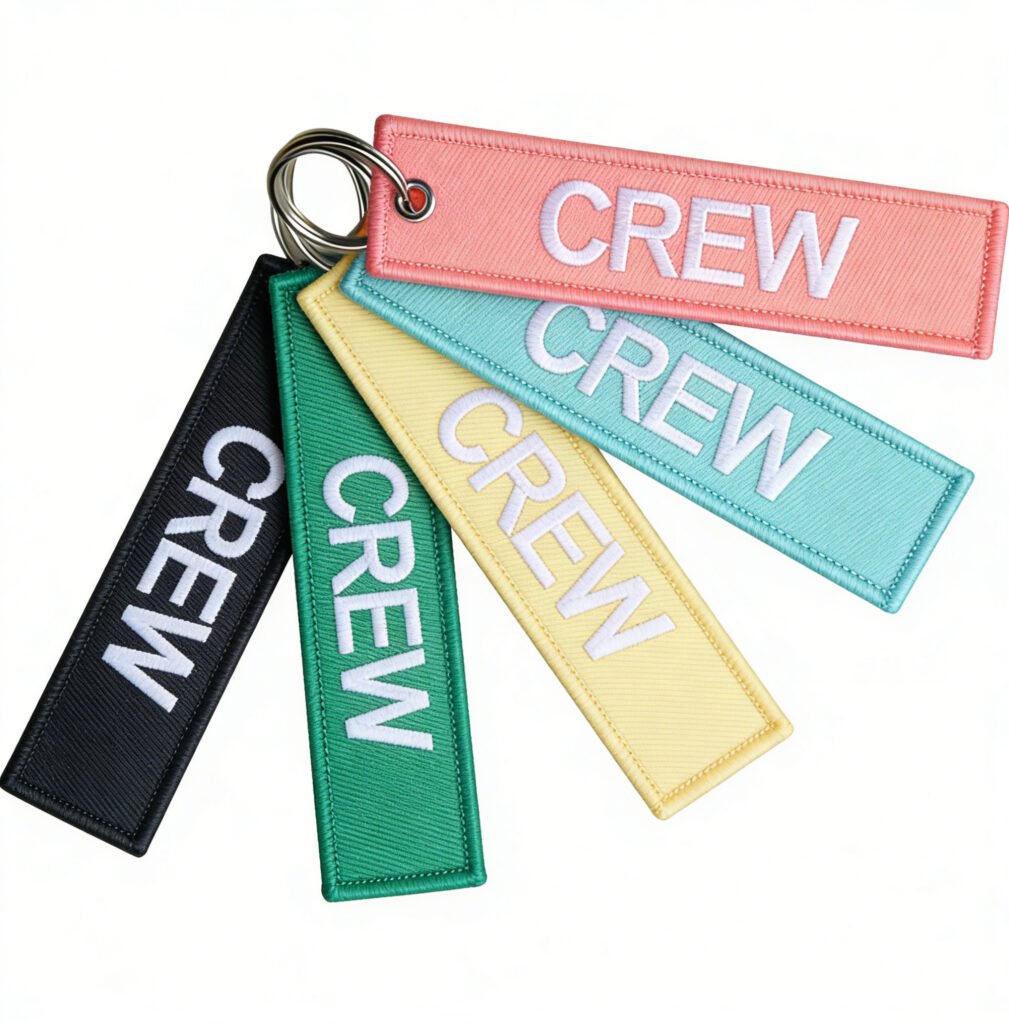 A set of five custom embroidered keychains on cotton canvas woven labels, featuring bold white "CREW" lettering in pink, mint blue, yellow, forest green, and black, with rolled edges and metal rings.