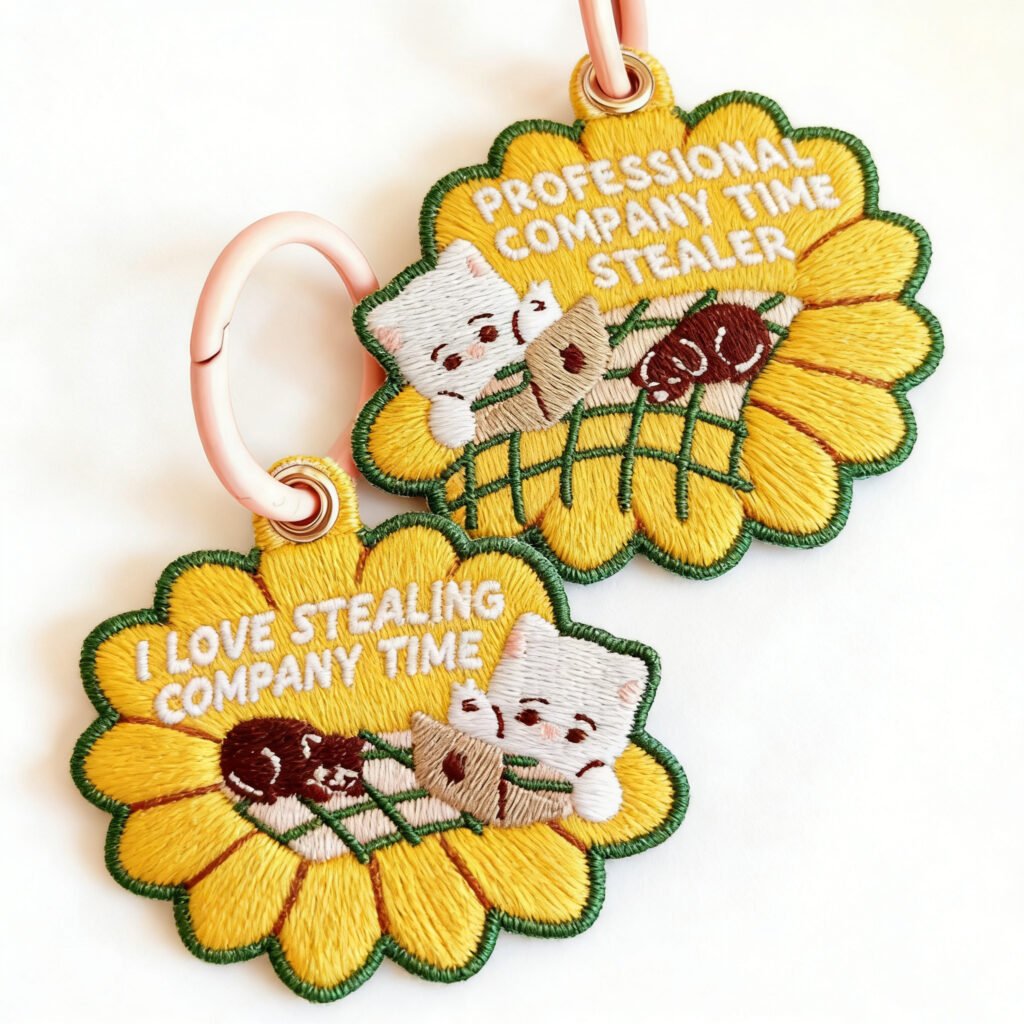 A pair of cute custom embroidered keychains in a bright sunflower shape with dark green overlocked edges. The center features lazy white cats and small bears, embroidered with humorous text: "PROFESSIONAL COMPANY TIME STEALER" and "I LOVE STEALING COMPANY TIME." They are attached to pink metal retractable badge reels.