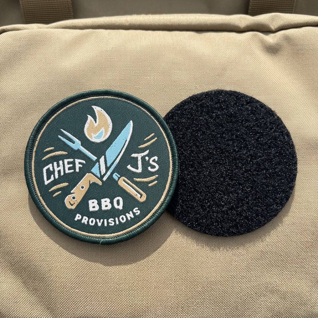 Custom embroidered Velcro patch featuring a Chef J's BBQ themed design with crossed knife and fork and flame elements, fully backed with Velcro, displayed against a khaki fabric background
