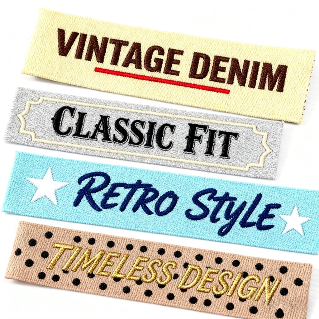A flat lay of four distinct custom clothing labels. 1: Cream with "VINTAGE DENIM" in brown and a red underline. 2: Light grey with "CLASSIC FIT" in black Gothic font and white brackets. 3: Sky blue with "RETRO STYLE" in cursive and white stars. 4: Brown polka dot with "TIMELESS DESIGN" in gold. All feature a high-contrast retro aesthetic.