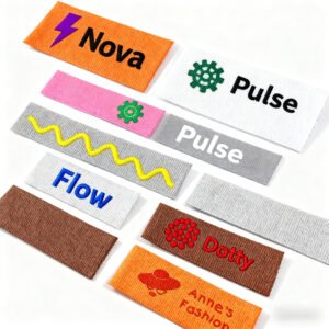 Custom Embroidered Woven Labels Die-Cut Logo Patches for Apparel Trims Vibrant custom embroidered patches featuring bold English lettering—"Nova," "Pulse," "Flow"—paired with dynamic die-cut shapes including lightning bolts, gears, and wave motifs. Close-up detail shot highlighting premium apparel trims.