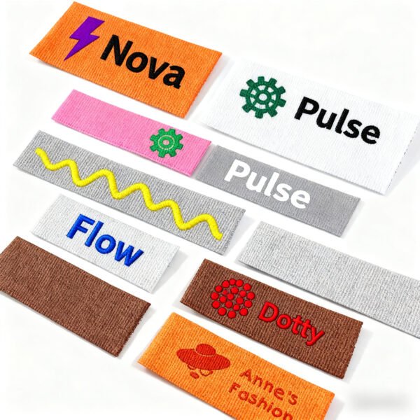 Vibrant custom embroidered patches featuring bold English lettering—"Nova," "Pulse," "Flow"—paired with dynamic die-cut shapes including lightning bolts, gears, and wave motifs. Close-up detail shot highlighting premium apparel trims.