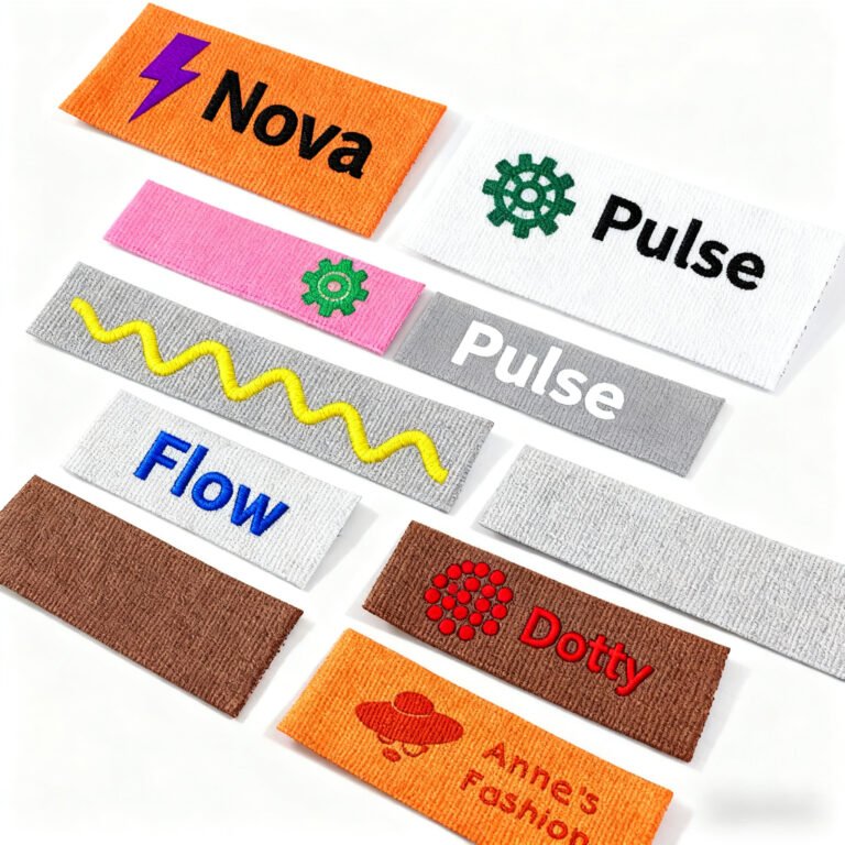 Set of colorful custom Clothing Labels featuring "Nova" lightning, "Pulse" gears, "Flow" waves, "Dotty" dots, and "Anne's Fashion" UFO designs; flat-weave apparel trim.
