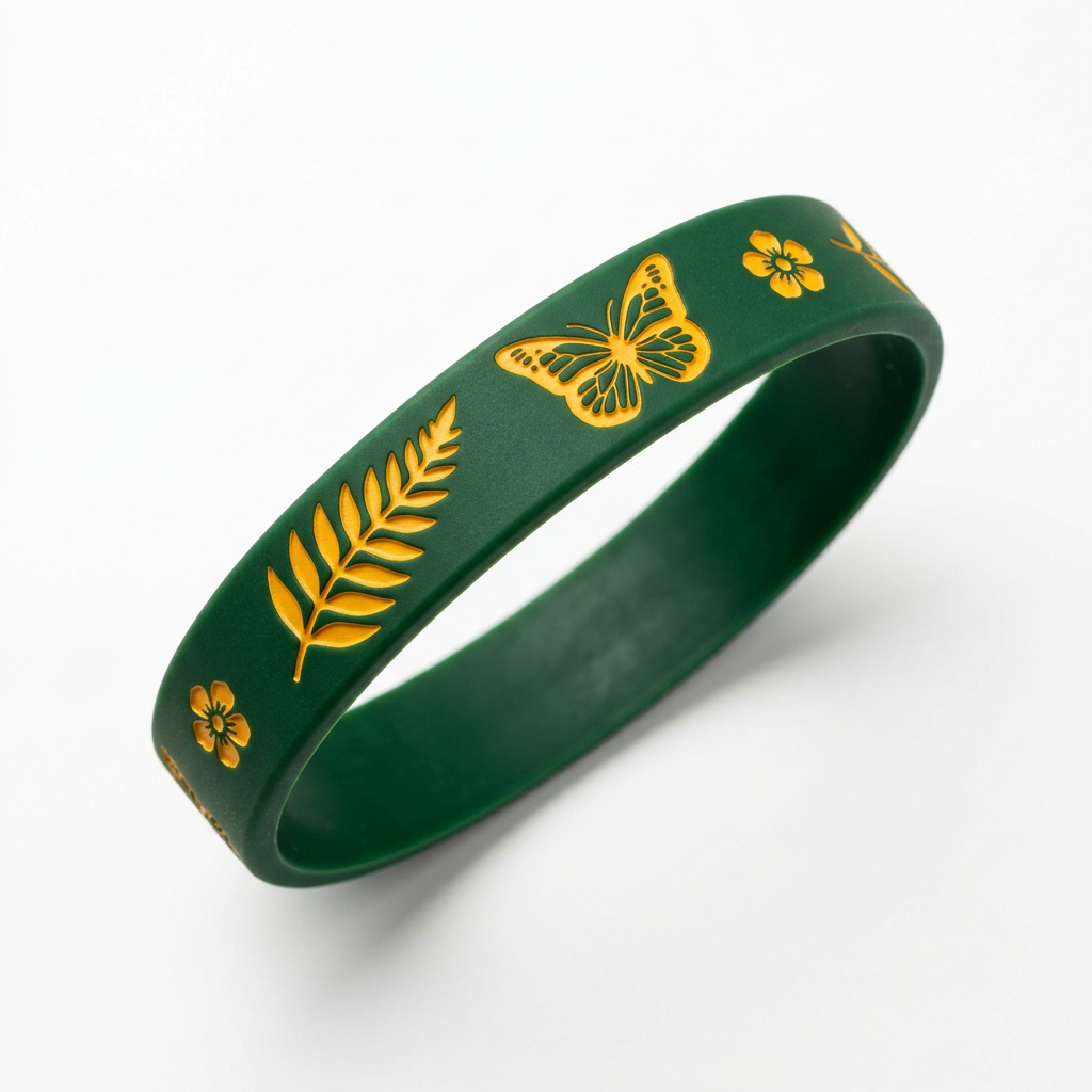 Custom dark green vintage silicone wristbands featuring delicate debossed golden butterflies, wheat stalks, and floral patterns; made from soft, skin-friendly, and elastic silicone; ideal for daily wear, outdoor activities, and themed event promotions.
