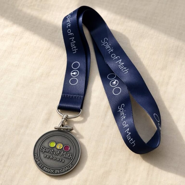 Antique silver custom metal medals featuring "Spirit of Math schools" text, math symbols (infinity, pi, coordinate point), and "HIGHEST MARK IN GRADE" engraving on a dark blue ribbon.