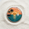 Custom round metal epoxy fridge magnet featuring a summer island sunset scene with black palm tree silhouettes, an orange setting sun, cyan ocean waves, and a white sailboat, sealed with a high-transparency epoxy coating and silver metal trim edging, placed on a white fine sand background