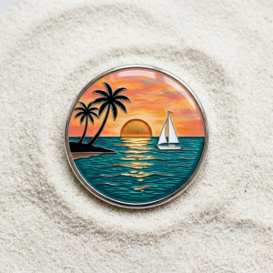Custom round metal epoxy fridge magnet featuring a summer island sunset scene with black palm tree silhouettes, an orange setting sun, cyan ocean waves, and a white sailboat, sealed with a high-transparency epoxy coating and silver metal trim edging, placed on a white fine sand background