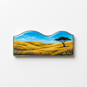 Custom Metal Fridge Magnet Grassland Pastoral Landscape Epoxy Magnet Rectangular grassland landscape metal fridge magnet featuring rolling green grassy slopes, a lone tree, and wildflowers, with a gently undulating wavy top edge, displayed on a pure white background