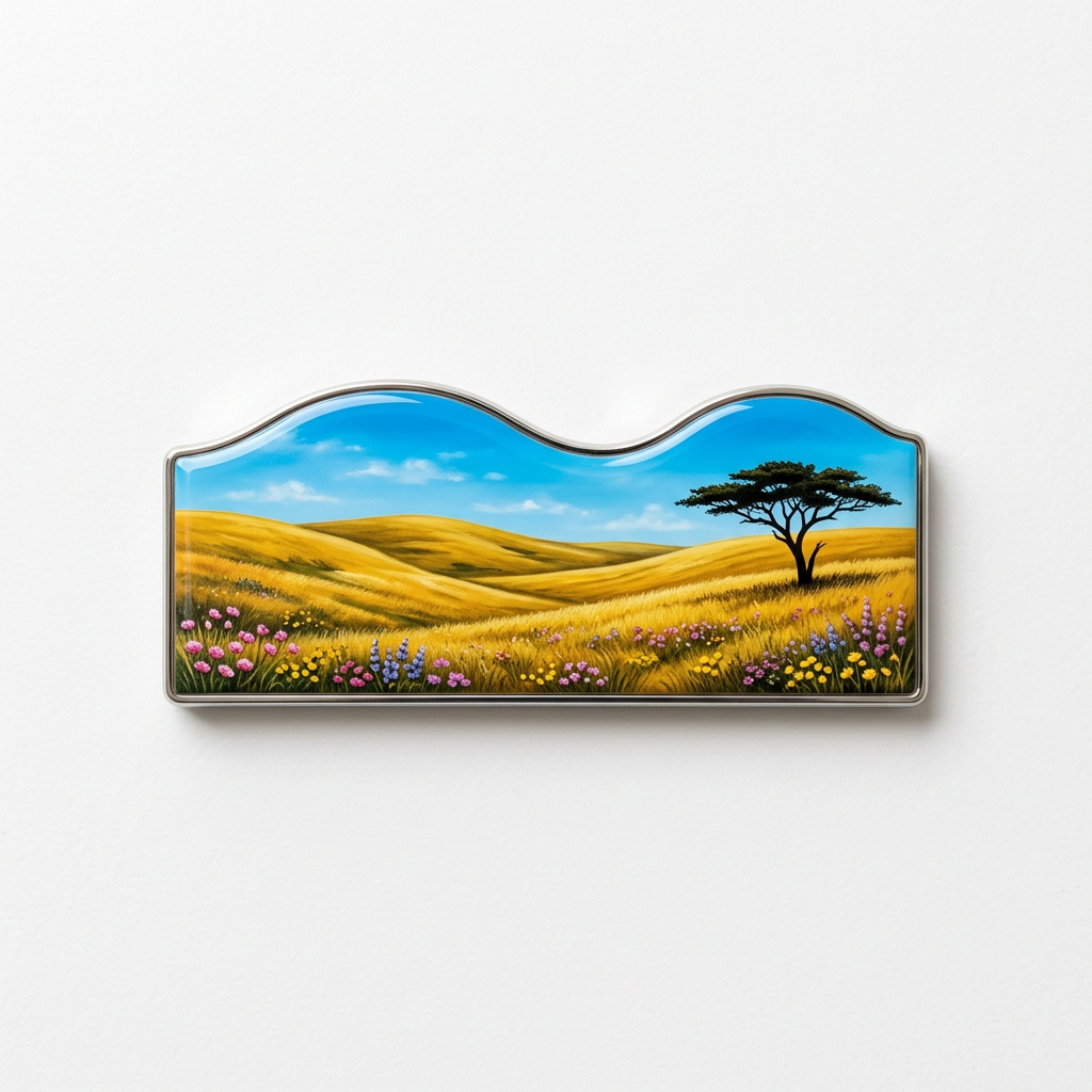 Rectangular grassland landscape metal fridge magnet featuring rolling green grassy slopes, a lone tree, and wildflowers, with a gently undulating wavy top edge, displayed on a pure white background