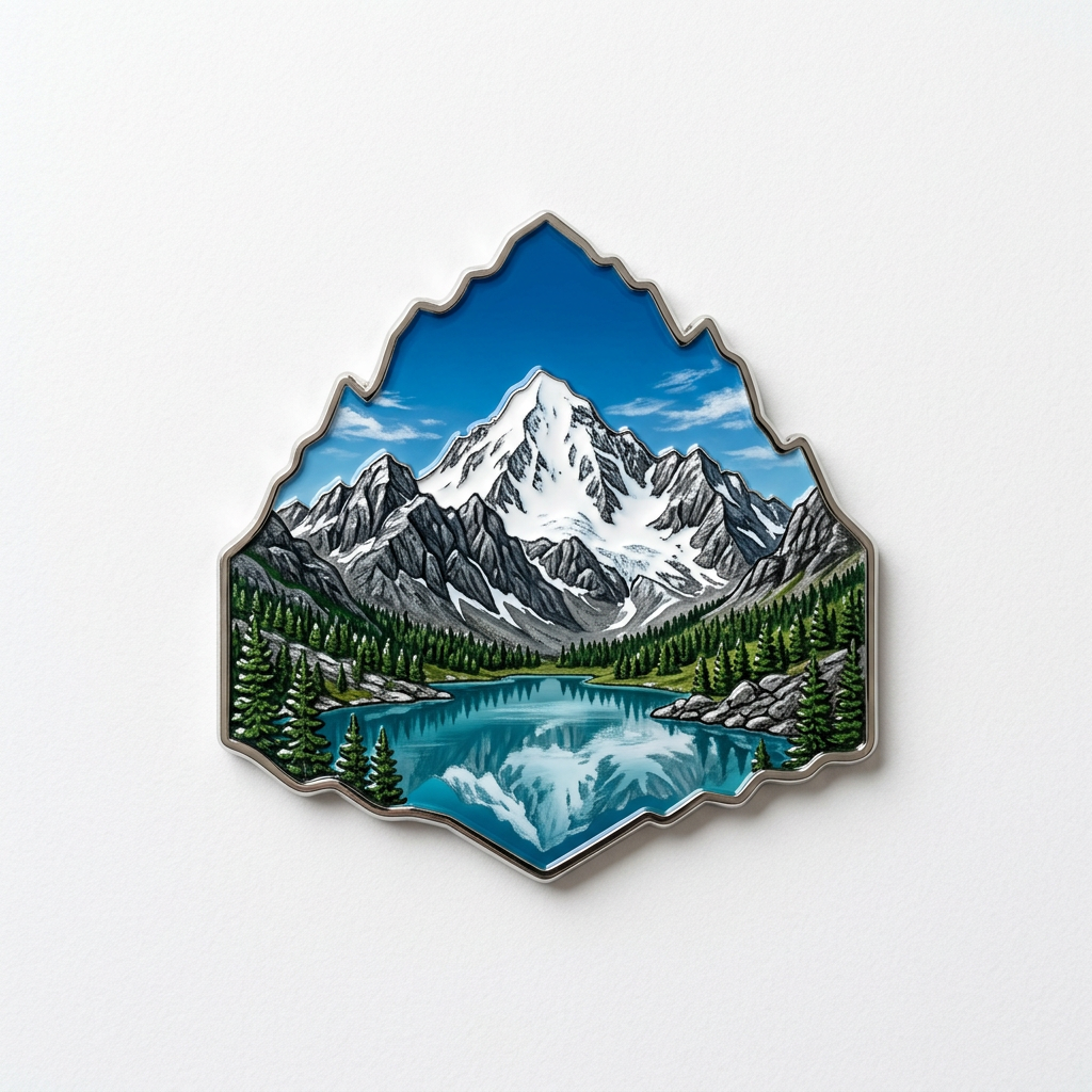Outdoor snow mountain and lake landscape metal fridge magnet featuring a contour-cut silhouette with silver metal trim edging. The scene includes a blue sky with snowy peaks, coniferous forest, and a reflective lake — capturing natural scenery — displayed on a pure white background