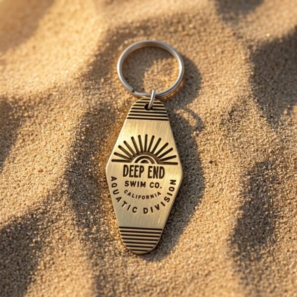Custom metal keychain shaped like a surfboard, featuring engraved "DEEP END SWIM CO.", "CALIFORNIA", "AQUATIC DIVISION" lettering with a radiant sun motif, in an antiqued bronze vintage metal finish with a silver-tone metal keyring at the top, placed on a beach background