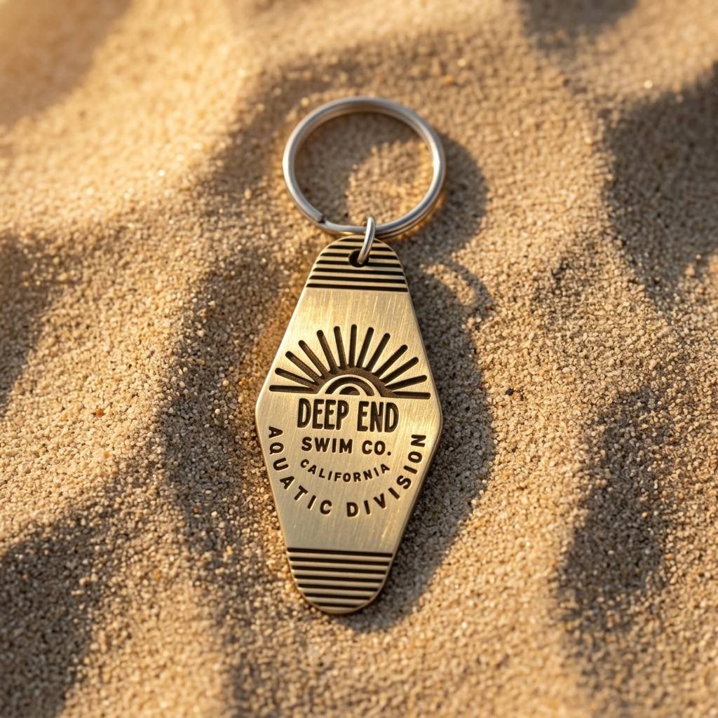 Custom metal keychain shaped like a surfboard, featuring engraved "DEEP END SWIM CO.", "CALIFORNIA", "AQUATIC DIVISION" lettering with a radiant sun motif, in an antiqued bronze vintage metal finish with a silver-tone metal keyring at the top, placed on a beach background