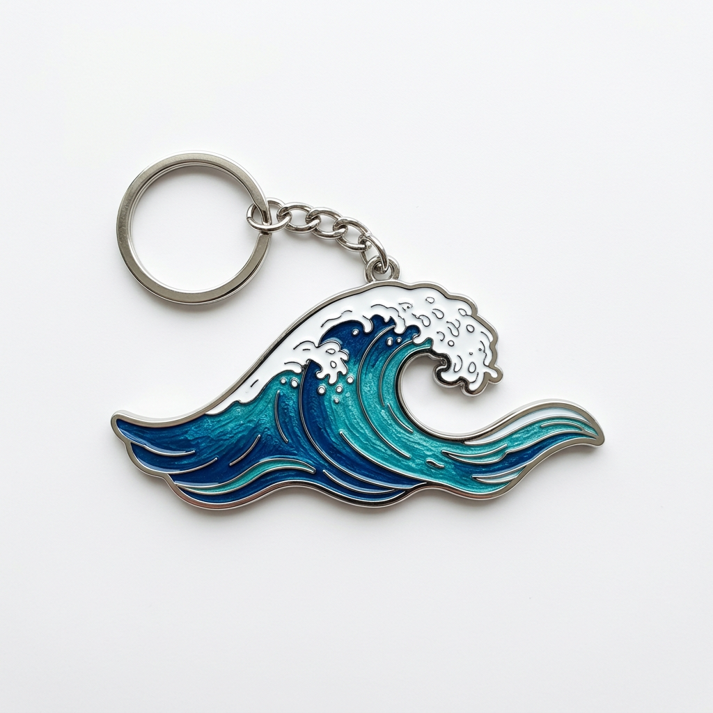 A vintage-style Japanese metal epoxy keychain featuring a crashing ocean wave. The wave is filled with layered blue enamel and white epoxy foam, attached to a silver-tone metal chain and split ring.