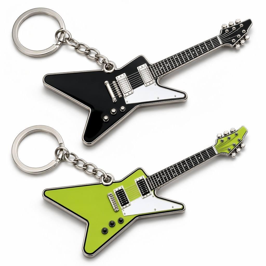 Pair of custom metal guitar keychains in black & green finishes with silver hardware on white background