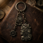 Custom bronze metal keychain with griffin shield pendant featuring 'HFC Den Hollander' engraving, anchor & ship wheel charms on leather background