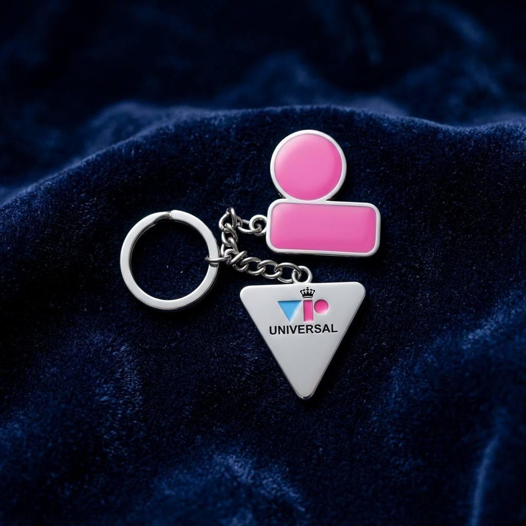 A two-piece silver metal enamel keychain. The top piece features a modern Bauhaus-style combination of a pink circle and rectangle. The bottom piece is an inverted silver triangle with blue and pink enamel filling, displaying the "VIP" logo with a crown icon and "UNIVERSAL" text beneath.
