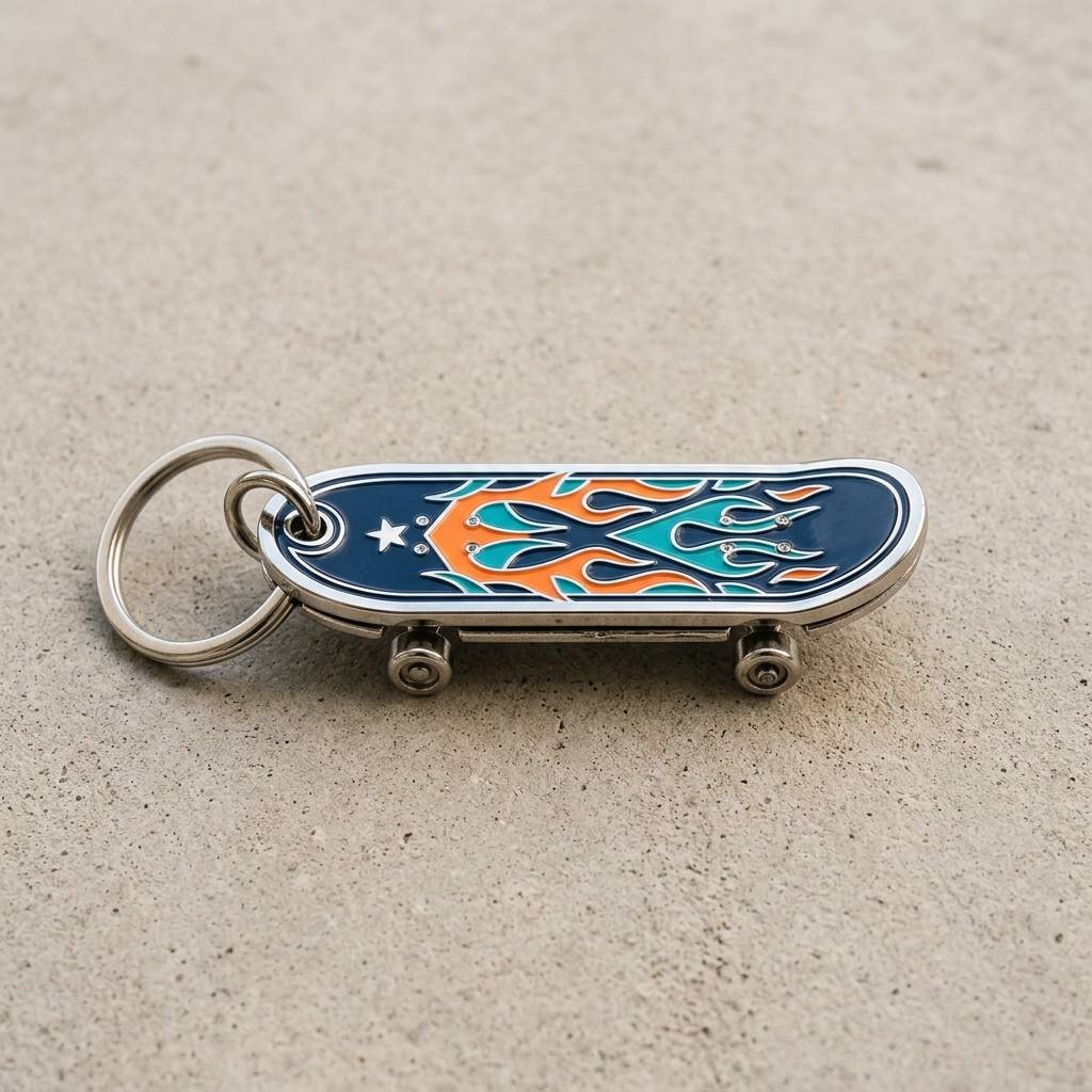 Custom metal skateboard keychain with a dark blue base featuring orange and cyan flame motifs and white five-pointed stars, finished with silver-tone metal trim edging and a standard metal ring, placed on a light gray sand and gravel background