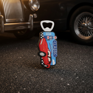Custom printed PVC bottle opener keychain featuring a red classic car, checkered flag and 'Balneario Camboriu Classic' text on asphalt background