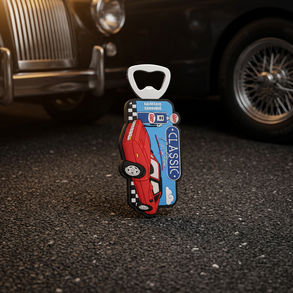 Custom printed PVC bottle opener keychain featuring a red classic car, checkered flag and 'Balneario Camboriu Classic' text on asphalt background