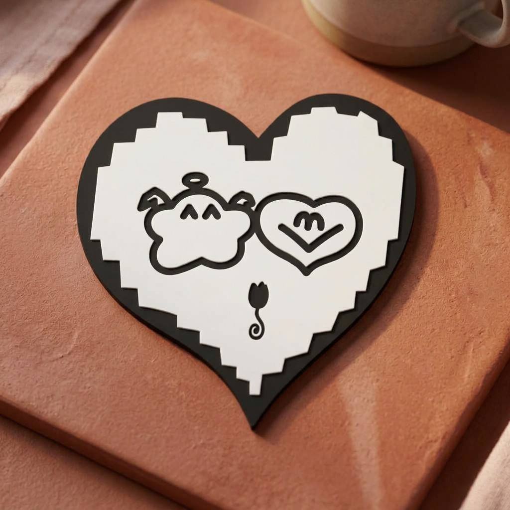 Black and white PVC coasters with a unique pixelated, jagged-edge heart border. The center features a cute cartoon devil character with tiny wings and a curly tail, alongside a smiling face inside a heart. The design is adorably quirky and offers excellent non-slip and heat-resistant functionality.