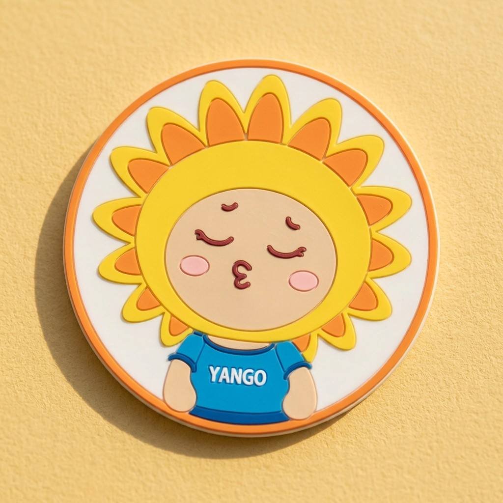 A custom round PVC coasters with a 3D domed epoxy finish, featuring a cute cartoon Sunflower Boy with blushing cheeks and a "YANGO" logo on his blue shirt, set against an orange and yellow sun-ray background.