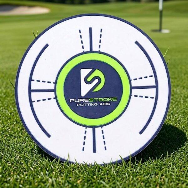 Custom PVC Coasters Golf Putting Alignment Design Custom PVC rubber coaster with golf putting alignment pattern, 'Purestroke' text and directional guides on white and blue circular design