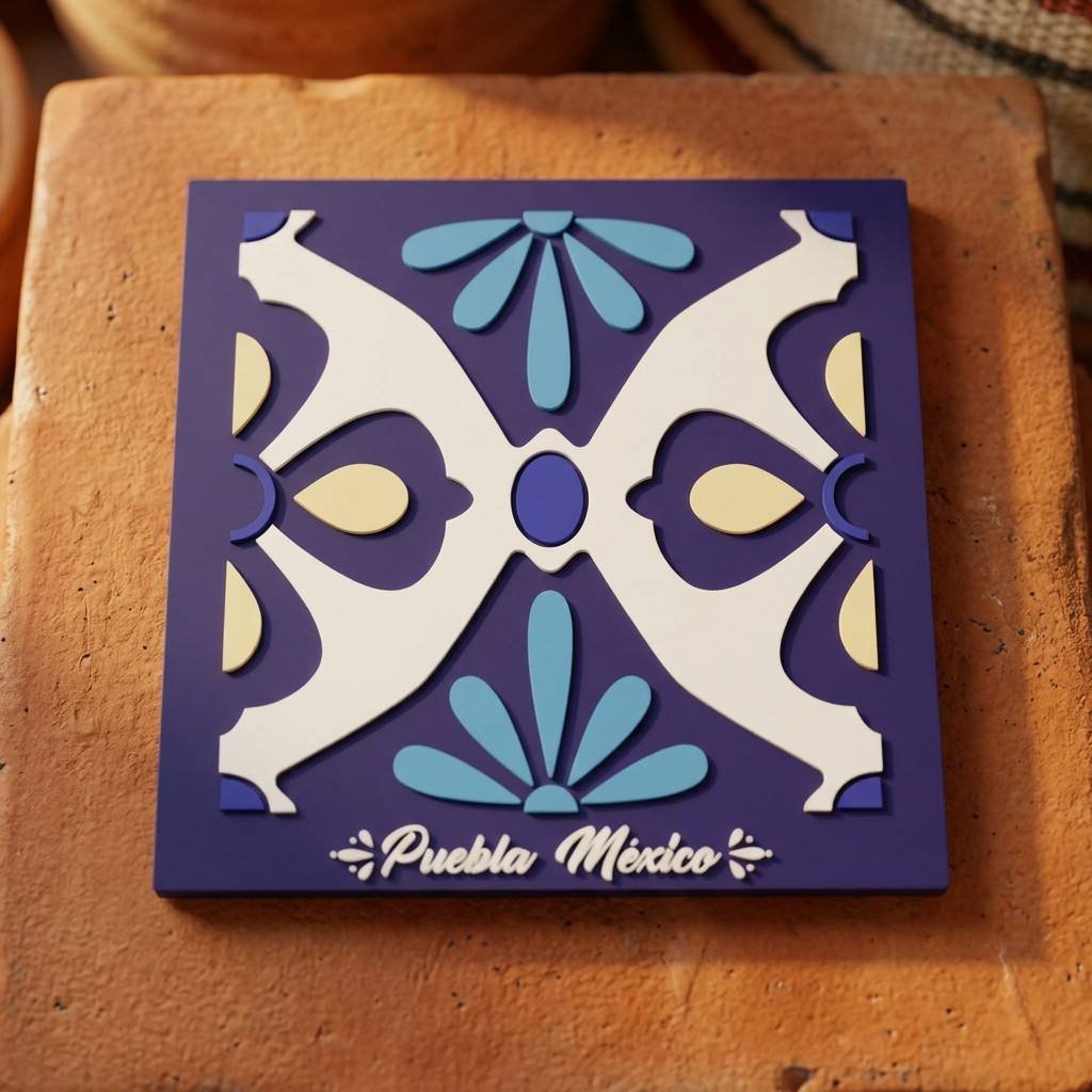 Custom square PVC coasters featuring a deep purple base. The center showcases a high-relief symmetrical geometric and floral pattern in white, lavender, and sky blue, resembling a butterfly or sacred bird. White cursive text at the bottom reads "Puebla México," highlighting its cultural inspiration from Mexican Talavera tile art.