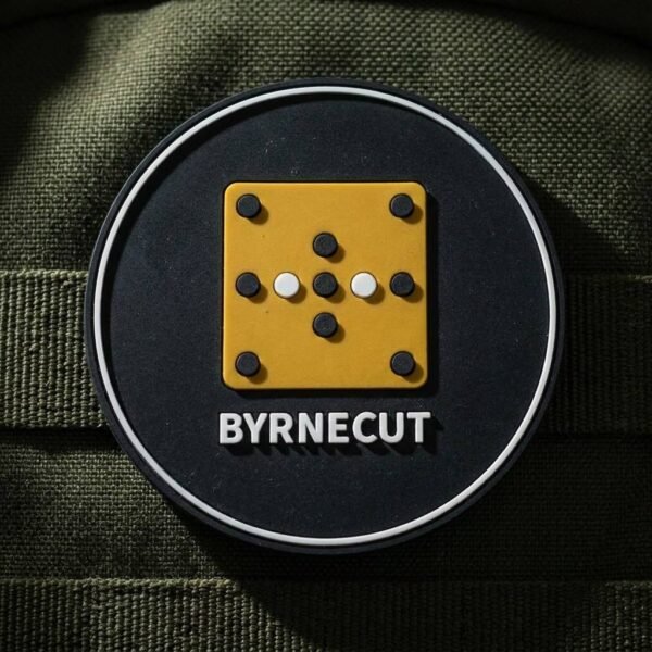 Custom PVC rubber coaster with embossed yellow square and 'BYRNECUT' text on black matte surface, placed on green tabletop