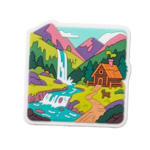 Custom PVC Fridge Magnet Cartoon Mountain Waterfall Cabin Scenery Custom PVC fridge magnet featuring a cartoon-style mountain, waterfall, and cabin landscape design with a waterfall, stream, pink mountains, green forest, and a brown cabin with a dog. Bright, vivid colors with white soft PVC trim edging, placed on a pure white background