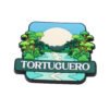 Costa Rica Tortuguero-themed PVC fridge magnet featuring lush green jungle, a winding river, a setting sun, and white lettering, displayed on a pure white background