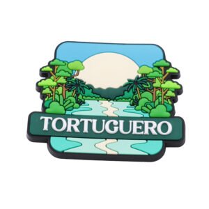 Custom PVC Fridge Magnet Costa Rica Tropical Rainforest Landscape Soft PVC Magnet Costa Rica Tortuguero-themed PVC fridge magnet featuring lush green jungle, a winding river, a setting sun, and white lettering, displayed on a pure white background
