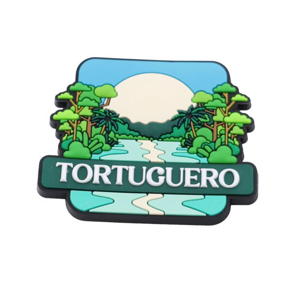 Costa Rica Tortuguero-themed PVC fridge magnet featuring lush green jungle, a winding river, a setting sun, and white lettering, displayed on a pure white background