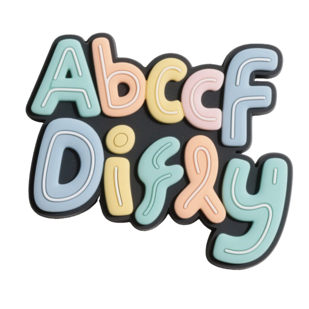 A set of custom PVC fridge magnets in a Pop Mart-inspired style, featuring plump 3D alphabet letters in pastel macaron colors (mint green, peach pink, cream yellow, sky blue) with white outlines and black protective edges.