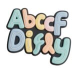 A set of custom PVC fridge magnets in a Pop Mart-inspired style, featuring plump 3D alphabet letters in pastel macaron colors (mint green, peach pink, cream yellow, sky blue) with white outlines and black protective edges.