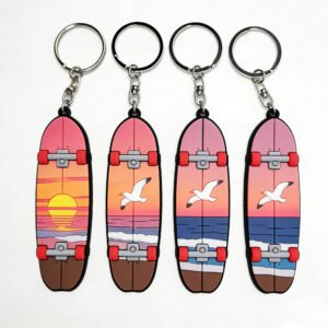 Custom PVC Keychains Skateboard-Shaped Beach Sunset Illustration Charms Set of four skateboard-shaped soft PVC keychains featuring ocean sunsets and soaring seagulls. Vibrant gradients of pink, orange, and blue fill the sky, presented crisply against a pure white background.