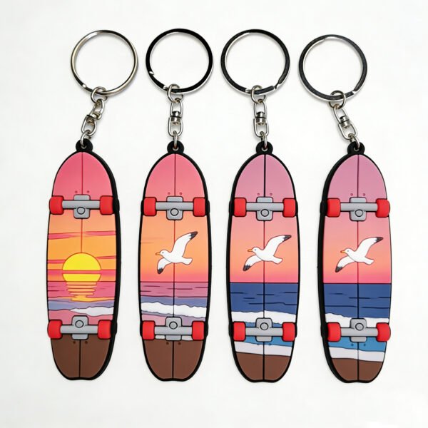 Custom PVC Keychains Skateboard-Shaped Beach Sunset Illustration Charms Set of four skateboard-shaped soft PVC keychains featuring ocean sunsets and soaring seagulls. Vibrant gradients of pink, orange, and blue fill the sky, presented crisply against a pure white background.