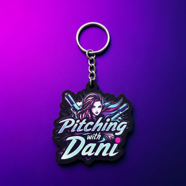 Custom PVC Keychains Softball & Baseball Player Design Custom printed PVC keychain featuring a female softball player with crossed bats and 'Pitching with Dani' text on purple gradient background