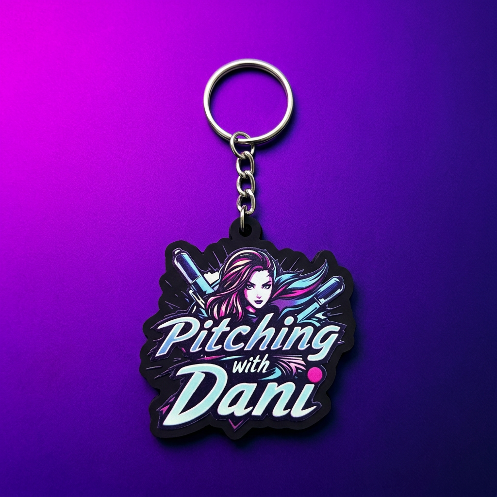 A custom PVC soft rubber keychain with a black, irregular wavy border. It features a half-body portrait of a long-haired female character with crossed baseball bats in the background. The text "Pitching with Dani" is printed in a vibrant purple-pink-blue gradient. Attached to a standard silver metal key ring.