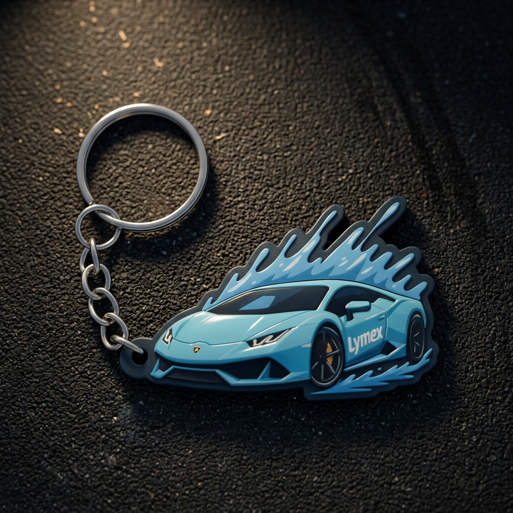A cool, light blue sportscar-shaped PVC rubber keychain. The design uses flat printing with a gradient blue body, black shadow outlines for depth, and dark blue speed flame effects at the rear. The side door features the white "Lymex" logo. It is attached via a silver metal chain to a standard split ring, emphasizing a dynamic, motion-ready aesthetic.