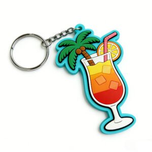 Custom PVC Keychains Tropical Cocktail & Summer Vibes Custom PVC rubber keychain featuring a colorful tropical cocktail glass with palm tree, lemon slice & straw on white background