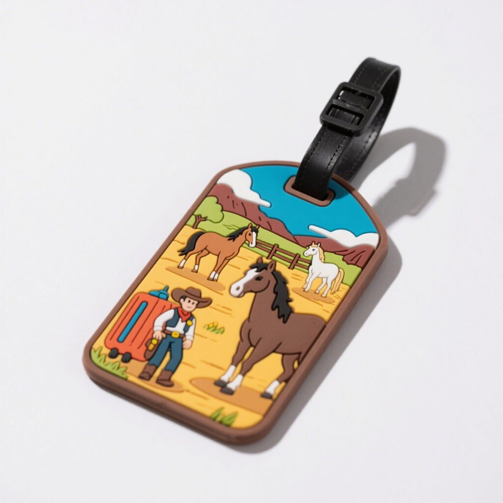 Custom soft PVC luggage tag featuring a cartoon western cowboy, horse, and desert ranch scene with a black faux leather strap, vivid colors, and dimensional design, on a pure white background