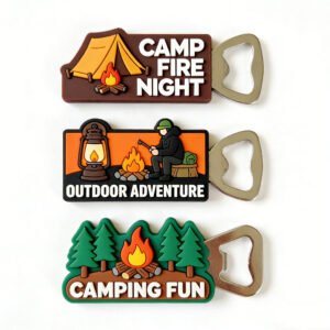 Custom PVC Magnetic Bottle Opener Multifunctional Camping-Themed Keychain Set of three camping-themed PVC rubber magnetic bottle openers featuring a tent-and-campfire scene, an explorer by the fire, and a forest bonfire design. Each piece includes a metal bottle opener edge, vibrant colors, presented against a clean white background.