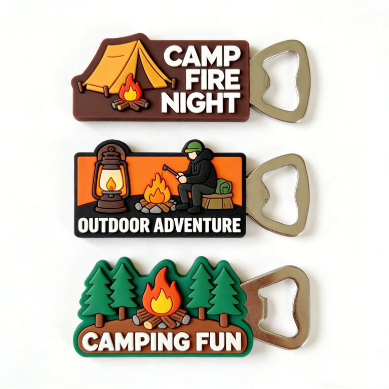 Set of three custom PVC bottle openers with camping themes: "CAMP FIRE NIGHT" tent, "OUTDOOR ADVENTURE" figure, and "CAMPING FUN" forest; features magnetic backs and silver metal opener tops.