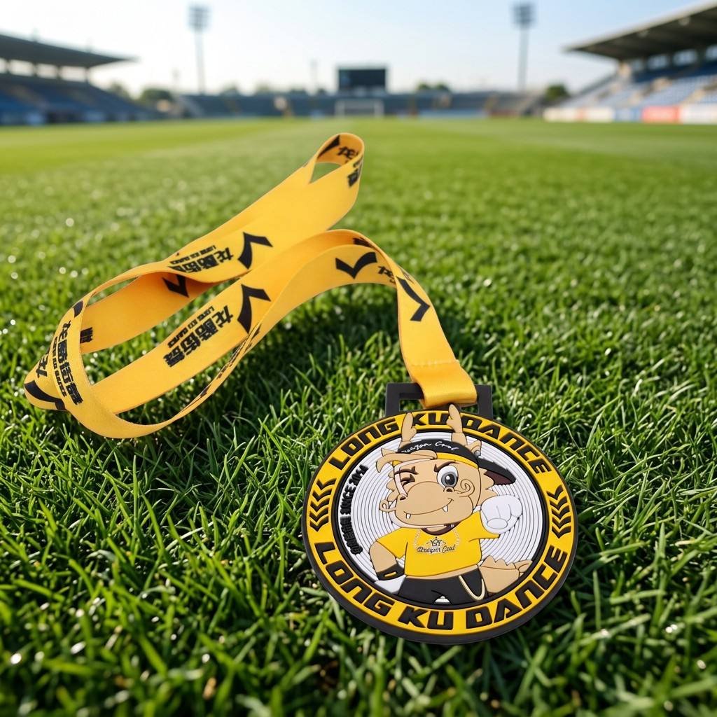 Custom soft PVC medal featuring a cartoon cowboy design with "LONG KU DANCE" lettering, paired with a yellow strap printed with black arrows and text, placed on a green football field lawn