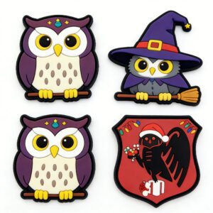 Custom soft PVC patch featuring "Magic Owl" (wearing a wizard hat, holding a broomstick) and "Christmas Shield Crow" (wearing a Santa hat, holding a gift) designs, supporting Velcro or adhesive attachment, on a pure white background, with vivid colors and dimensional edges