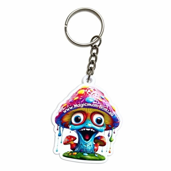 Custom PVC printed keychain featuring an HD color print fantasy mushroom design, topped with a metal keyring and short chain, on a pure white background